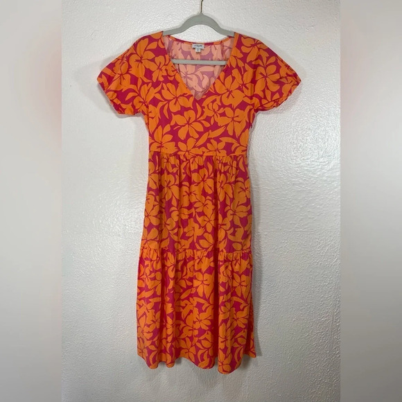 J. Crew Factory Orange Pink Floral Tiered Midi Dress Puff Sleeves V-Neck Size 0 - Picture 16 of 16